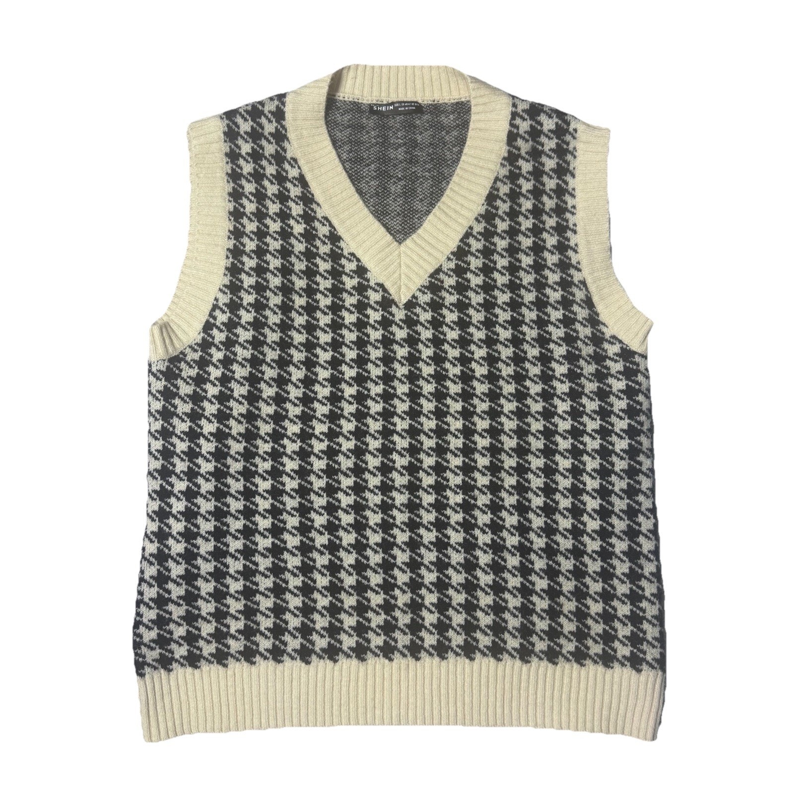 Shein Houndstooth Black Cream Womens Knit Vest Size L Light Academia Preppy
